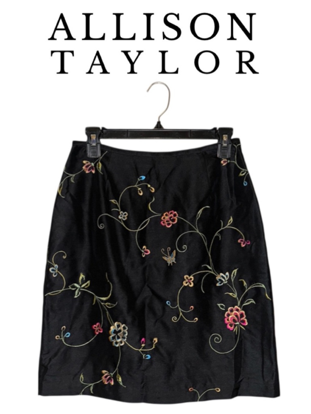 ALLISON TAYLOR Black 100% Silk Skirt Foral Embroidery Vintage Sleek Chic Women 4